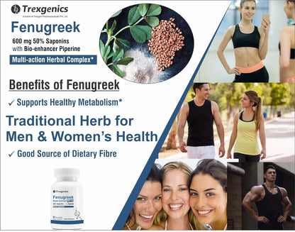 Trexgenics FENUGREEK Premium Standardized (50% Saponin) 600 mg with Bio-enhancer Piperine 5mg Multi-action Herbal Complex (60 Vcaps) (1)