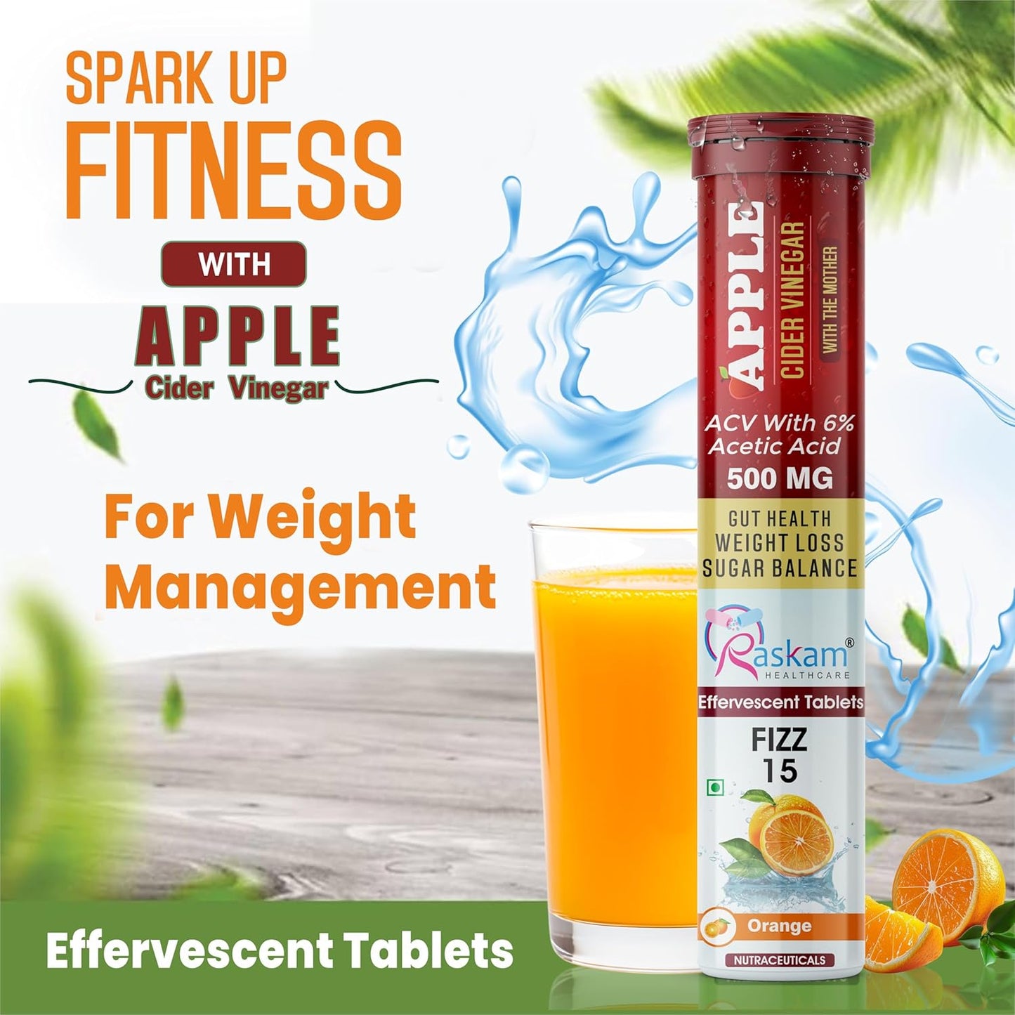 Apple Cider Vinegar 15 Effervescent Tablet 500mg (Pack of 1) Helps in Weight Management Digestion & Sugar Balance Orange Flavour 100% Vegan