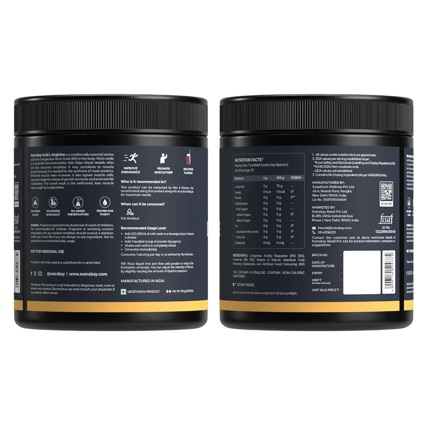 Nutrabay Gold L-Arginine Supplement Powder 120g, Cola Flavor â€“ Pre Workout Amino Acid for Endurance, Muscle Building & Faster Recovery | Tested for Purity | 100% Authentic
