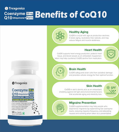 Trexgenics COENZYME Q10 300 mg USP grade Ubiquinone (Ubidecarenone) with Piperine 12 mg Antioxidant, Cellular Energy, Heart Health (30 Veg Capsules))