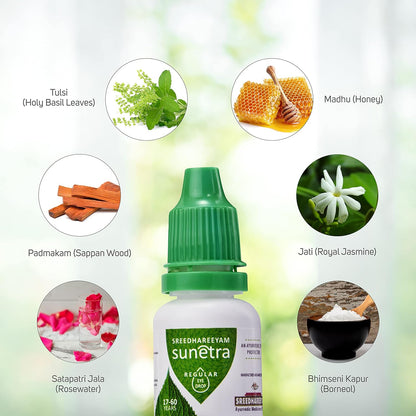 Sreedhareeyam Ayurveda Sunetra Regular Herbal Eyedrops (17-60 years age) Relieves Dryness, Redness & Itching, Cooling Daily-use Eyedrops with Rosewater, Holy Basil Leaves and Pure Honey