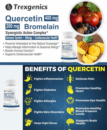 Trexgenics QUERCETIN 400 mg, BROMELAIN 200 mg Synergistic Action Respiratory Health, Immunity, Cardiovascular Health VEGAN & NON-GMO (30 Veg. Capsules) (Pack of 1)