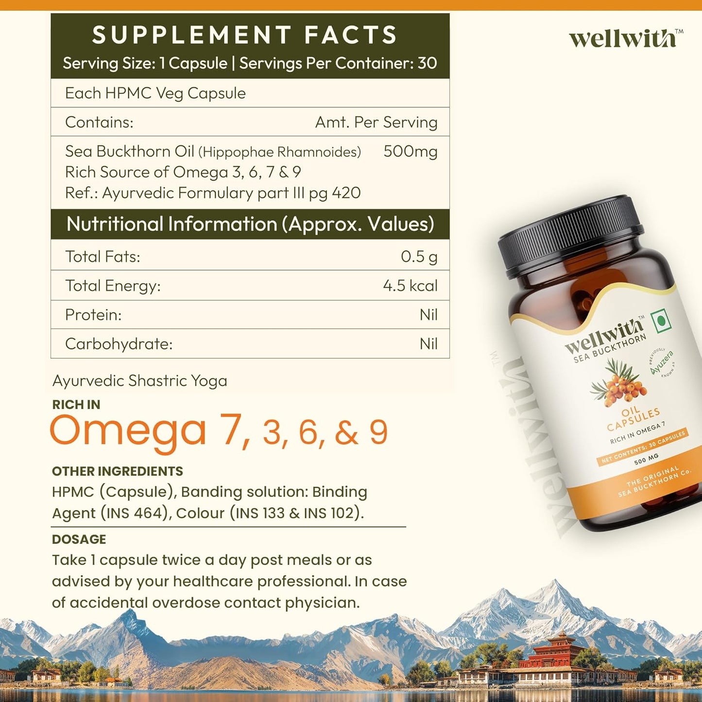 Wellwith (Ayuzera) Sea Buckthorn Berry Oil Vegan Omega 7 500mg, 30 Veg HPMC Capsules (Pack of 1), 15-Day Supply| Sea buckthorn capsules rich In Omega 3, 6, 7 & 9 For Muscle, Bone, Heart & Skin
