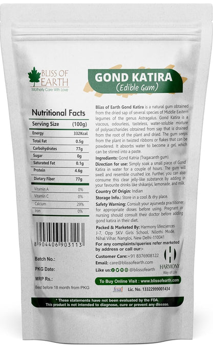 Bliss of Earth Gond Katira Pure Organic Edible Gum Tragacanth Gum Gond for Laddu Making & Sweets (200Gm)