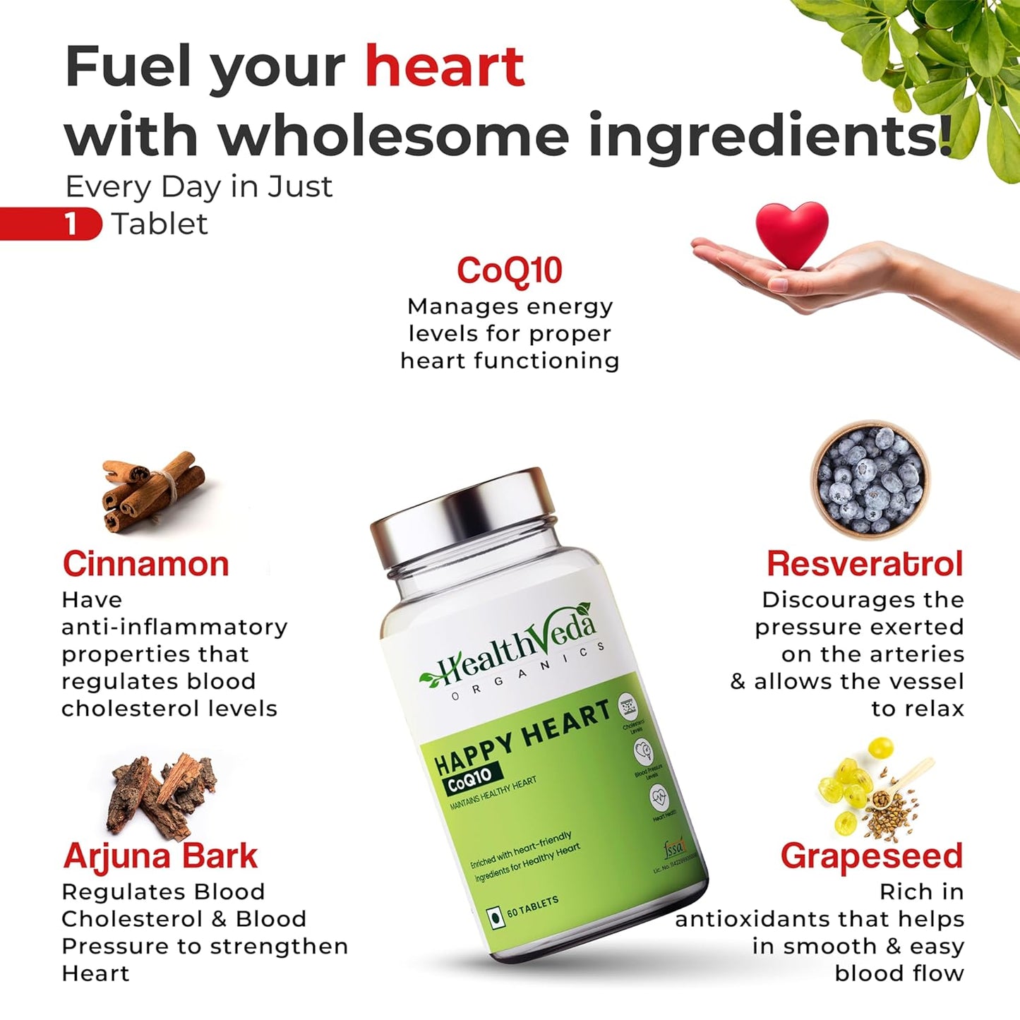 HEALTH VEDA ORGANICS PRIVATE LIMITED Happy Heart Supplement With Coq10, Arjuna Bark, Grape Seed | 60 Veg Tablets | Supports Heart Health & Enhances Blood Circulation | For Both Men & Women