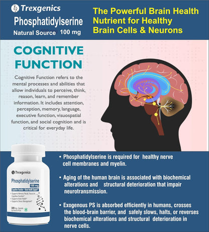 Trexgenics PHOSPHATIDYLSERINE 100 mg from Phospholipid Complex 143 mg, Cognitive Function, Brain Health Support (30 Veg Capsules)