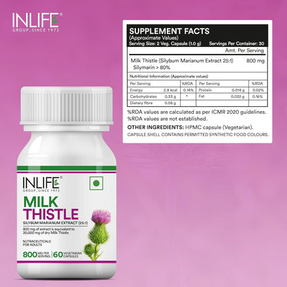 INLIFE Milk Thistle Extract 800mg > 80% Silymarin | Helps in Liver Support, 60 Vegetarian Capsules (Pack of 1, 60)