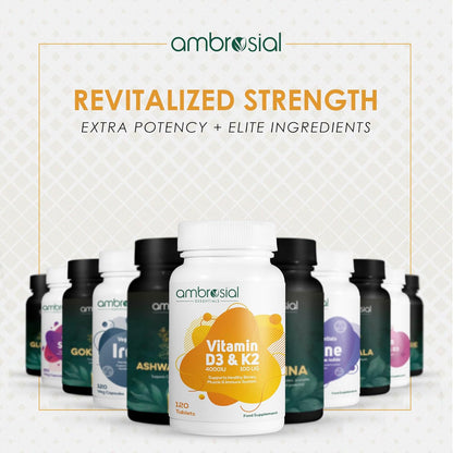 Ambrosial Vitamin D3 & K2 Tablets 4000IU Vitamin D3 + 100Âµg K2 MK-7 for Healthy Bones, Muscles, and to Support The Immune System - 120 Tablets