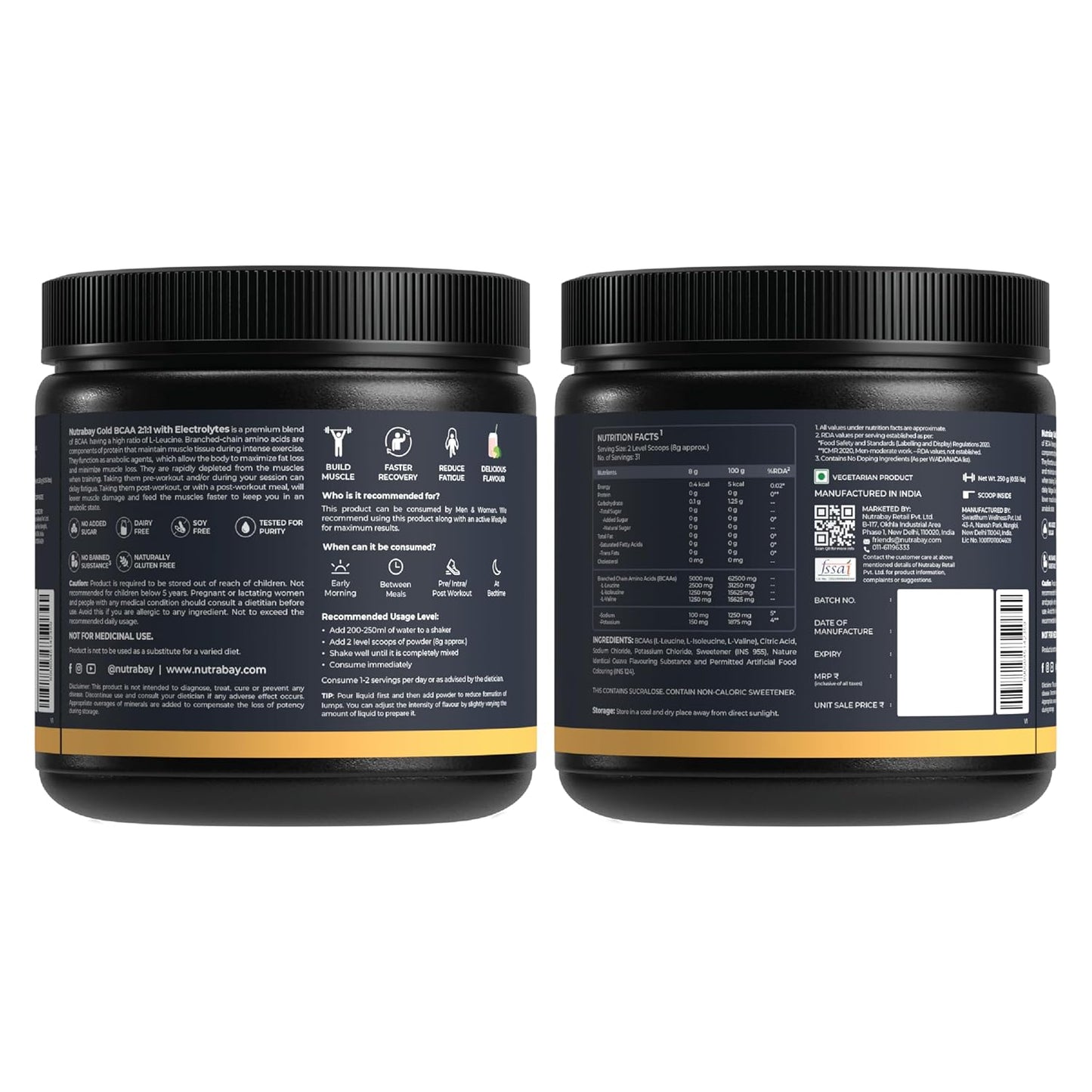 Nutrabay Gold BCAA 2:1:1 with Electrolytes 5000 mg Vegan BCAAs per Serving â€“ Pre/Post Workout Drink for Muscle Build Up & Faster Recovery - Tested for Purity - No Banned Substances â€“ 250g, Guava