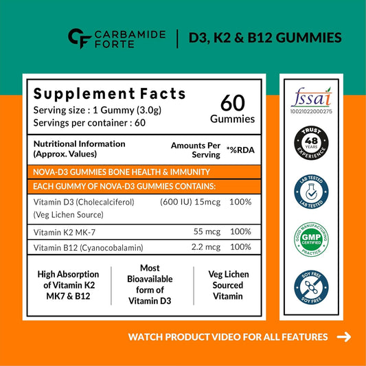 Carbamide Forte Vitamin D3 K2 B12 Gummies | Vitamin B12 Supplements | B12 Supplements For Bone Health & Immunity | Veg Lichen Source D3 Supplement | Mango Flavoured - 60 Gummies