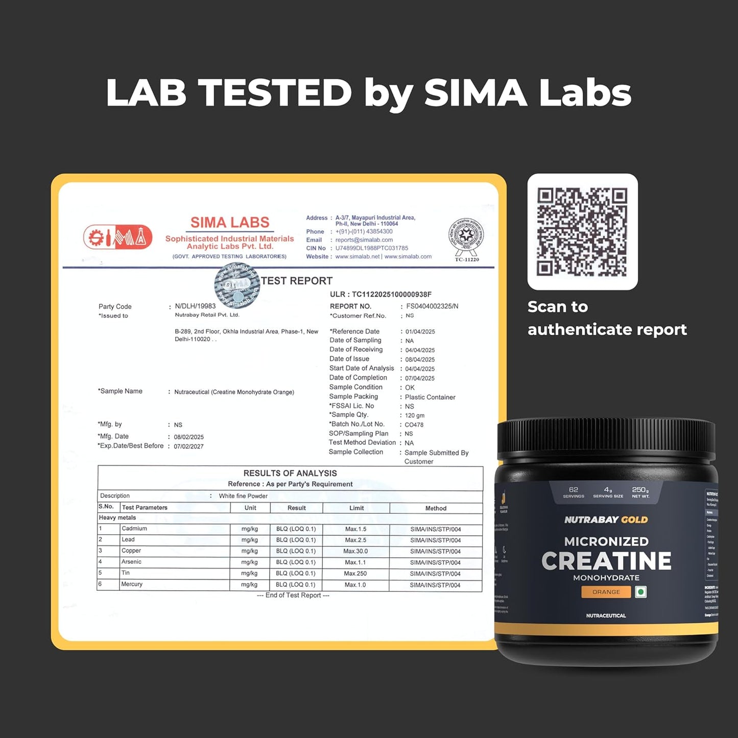 Nutrabay Gold Micronised Creatine Monohydrate Powder 3000 mg Creatine per Serving, NABL Lab Tested â€“ Increases Muscle Mass, Strength & Power â€“ Pre/Post Workout Supplement â€“ 250 g, Orange