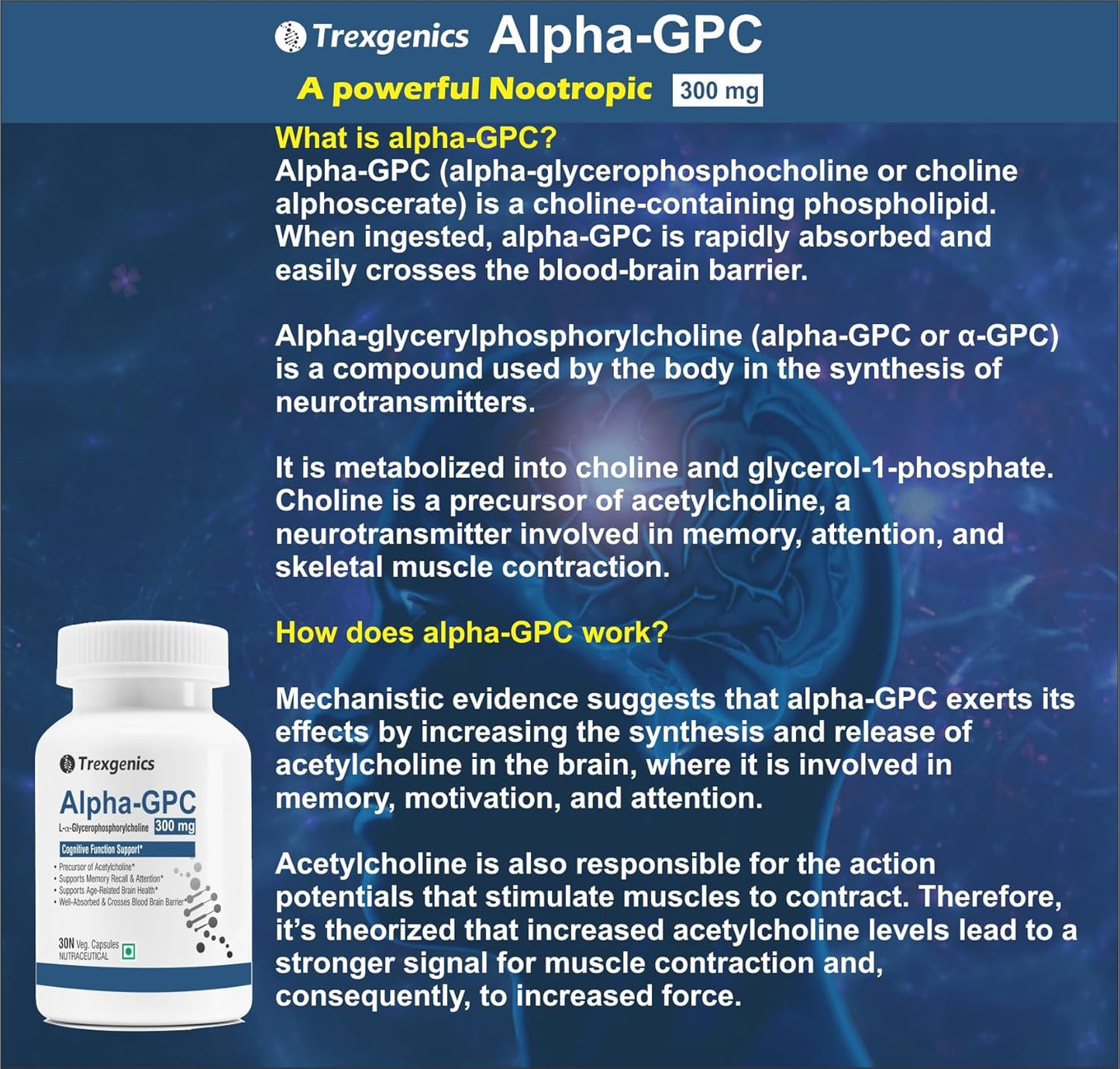 Trexgenics ALPHA-GPC 300 mg L-Î±-Glycerophosphorylcholine Cognitive Function, Brain Health Support (30 Veg Capsules)