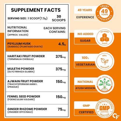Carbamide Forte Isabgol Powder - 225gm | Psyllium Husk Powder With Haritaki, Ajwain & Fennel | Fiber supplement for Constipation Relief & Digestion | Orange Flavour