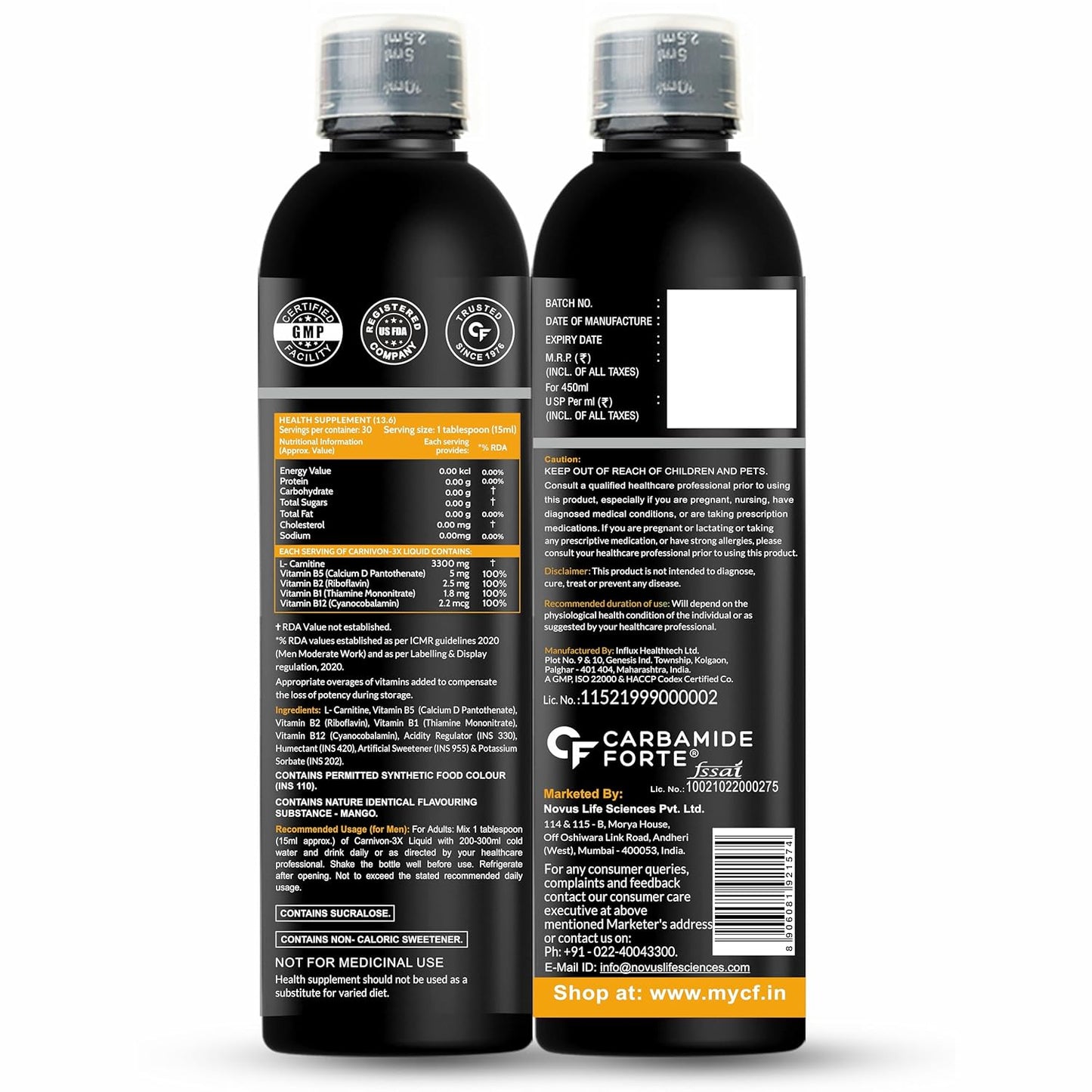 Carbamide Forte L Carnitine Liquid 3300mg | L-Carnitine Liquid With Vitamins | L'Carnitine Supplement For Pre & Post Workout To Suppoer Energy, Recovery & Metobolism | Mango Flavor - 450ml