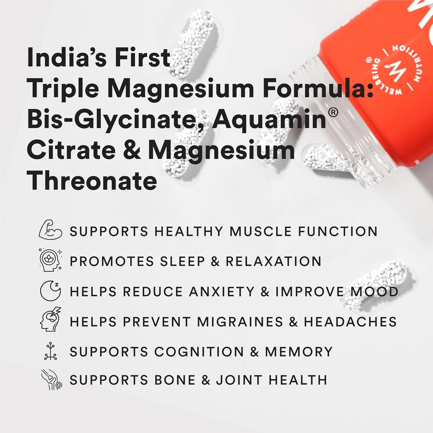 Wellbeing Nutrition Triple Magnesium Complex with Glycinate, Aquamin Citrate & Threonate - 1000mg | Muscle Recovery, Sleep, Cognition, Nerve Function, Bone and Joint, Heart Health | 60 Capsules