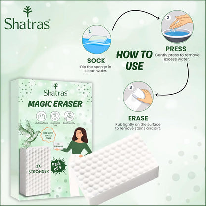 Shatras Magic Eraser Cleaning Sponge – Multipurpose Melamine Foam Stain Remover Foam for Walls, Kitchen, Bathroom, Tiles & Shoes | Just Add Water Stain Remover (Pack of-4)