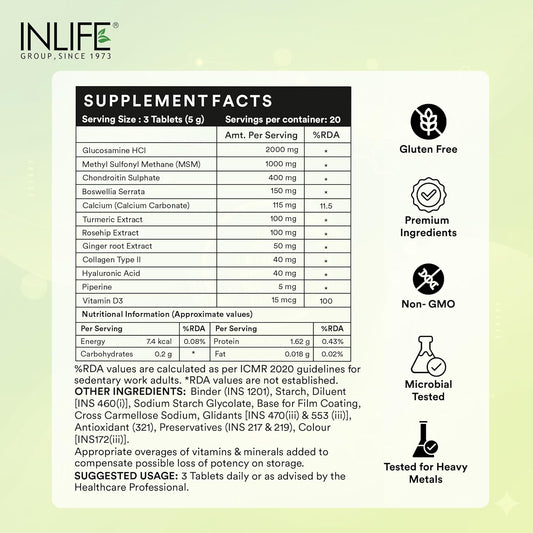 INLIFE Glucosamine Tablets for Joints with Chondroitin MSM Collagen Type II, Hyaluronic Acid, Vitamin D3 | Enriched with Boswellia, Rosehip, Curcumin | Knee Bone Cartilage Supplement - 60 Tablets