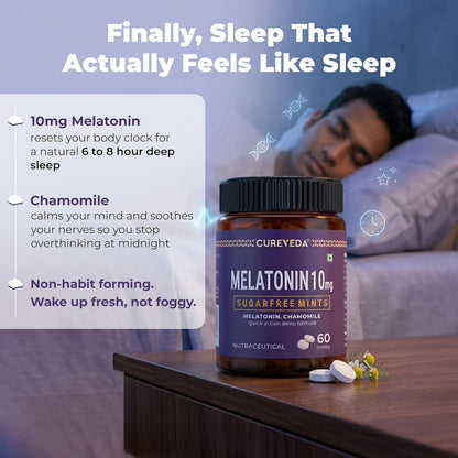 Cureveda Melatonin 10mg Sleep Support Sublingual Mints 60 Mints | Fast Dissolve Oral Sleep Aid with Chamomile | Deep Sleep Supplement for Adults | Non Habit Forming Natural Sleep Aid, Vegan Sugar Free Night Support