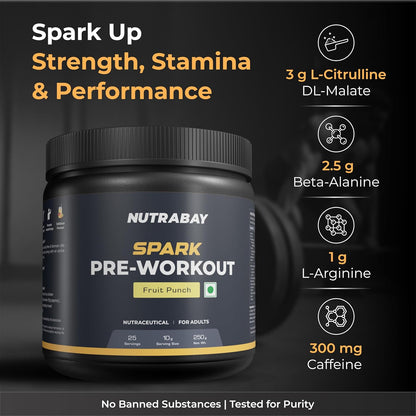 Nutrabay Gold Spark Pre Workout Supplement Powder 300mg Caffeine, 1000mg L-Arginine, 3000mg Beta Alanine, 2500mg Citrulline Malate per Serving â€“ Muscle Pump & Performance â€“ 250g, Fruit Punch