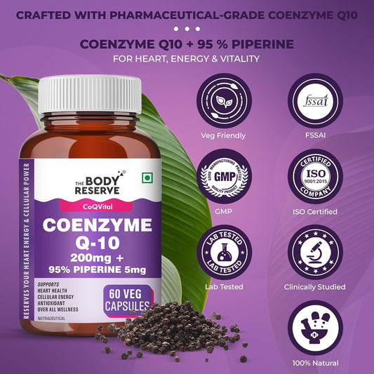 The Body Reserve Coenzyme Q10 200mg with 95% Piperine â€“ High Absorption CoQ10 Supplement for Heart & Vascular Health | Supports Energy Production & Cellular Function | Powerful Antioxidant | 60 Vegetarian Capsules