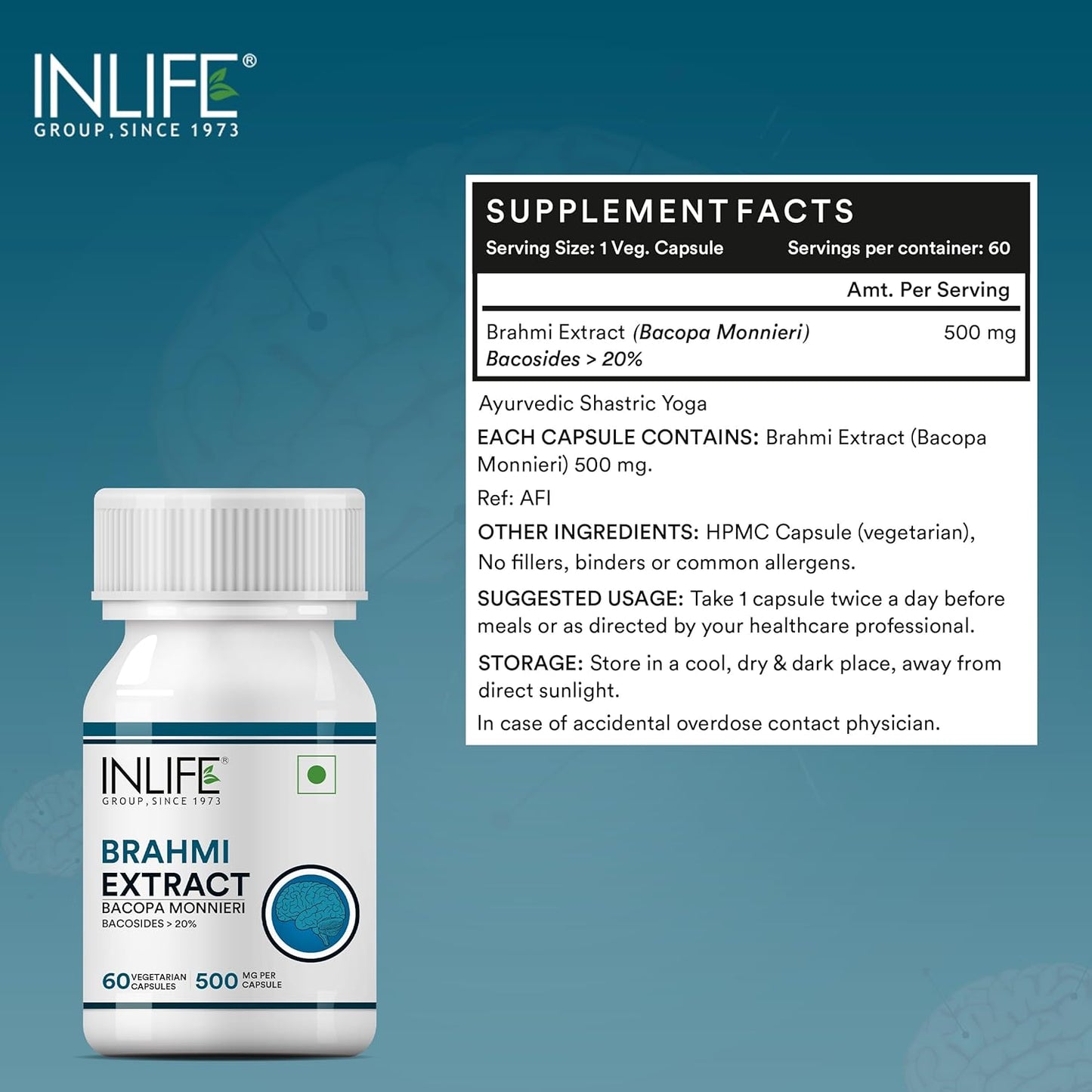 INLIFE Brahmi Capsules 500mg | Bacopa Monnieri Extract | Bacosides > 20% I Ayurvedic Herbal Supplement - 60 Vegetarian Capsules (Pack of 1)