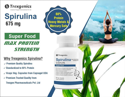 Trexgenics SPIRULINA 675 mg MAX Strength Protein 60%, Super Green Food (60 Vcaps) (1)