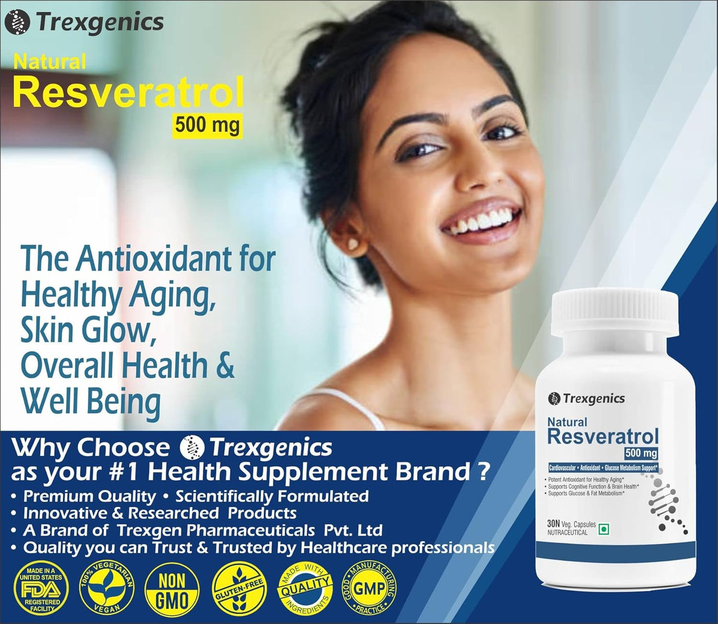 Trexgenics Natural RESVERATROL 500 mg Cardiovascular Health, Antioxidant & Glucose Metabolism VEGAN & NON-GMO (30 Veg. Capsules) (Pack of 1)