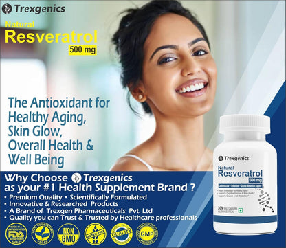 Trexgenics Natural RESVERATROL 500 mg Cardiovascular Health, Antioxidant & Glucose Metabolism VEGAN & NON-GMO (30 Veg. Capsules) (Pack of 1)