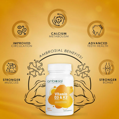 Ambrosial Vitamin D3 & K2 Tablets 4000IU Vitamin D3 + 100Âµg K2 MK-7 for Healthy Bones, Muscles, and to Support The Immune System - 120 Tablets