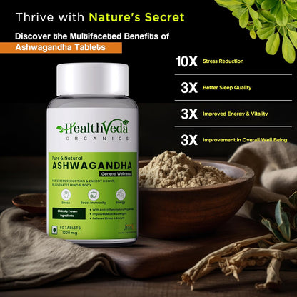 HEALTH VEDA ORGANICS PRIVATE LIMITED Ashwagandha 1000Mg | High Strength Potent Formula | Boosts Immunity & Energy | Rejuvenates Mind & Body | 60 Veg Tablets | For Both Men & Women