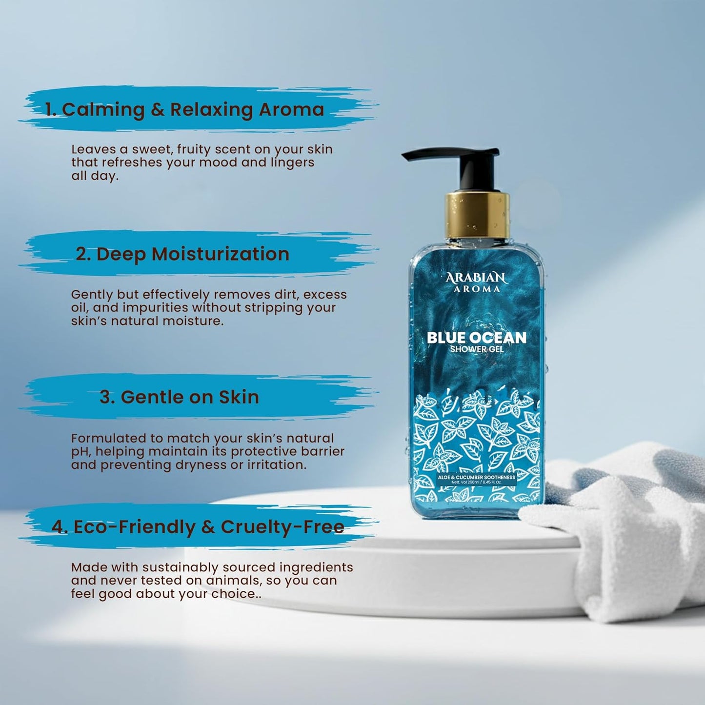 Arabian Aroma Blue Ocean Refreshing Shower Gel for Men | Deep Clean Hydration with Aloe & Cucumber | Long-Lasting Fresh Ocean Scent | 250ml Body Wash