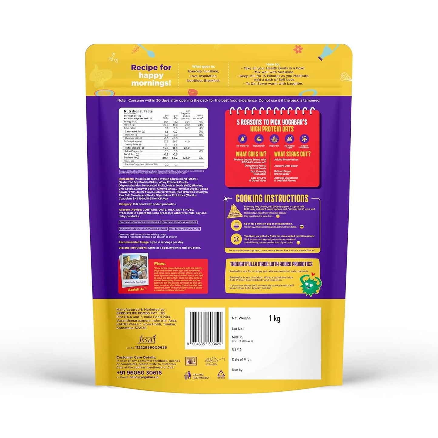 Yogabar 26g High Protein Oats 1kg , Dark Chocolate - Breakfast Cereal with Wholegrains, 26% Protein & No added sugar - Oats High Protein for Gym - Premium Protein Blend with Whey Protein Powder - with Goodness of Chia, Sunflower & Pumpkin Seeds