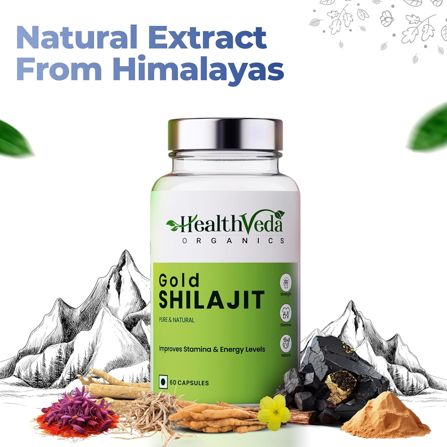 Health Veda Organics Original Gold Shilajit with Ashwagandha, Safed Musli, Gokharu & Kesar, +10 Ayurvedic Herbs, Build Muscle Mass - 60 Veg Capsules