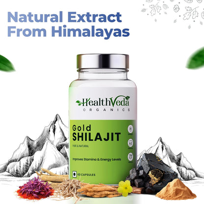 Health Veda Organics Original Gold Shilajit with Ashwagandha, Safed Musli, Gokharu & Kesar, +10 Ayurvedic Herbs, Build Muscle Mass - 60 Veg Capsules