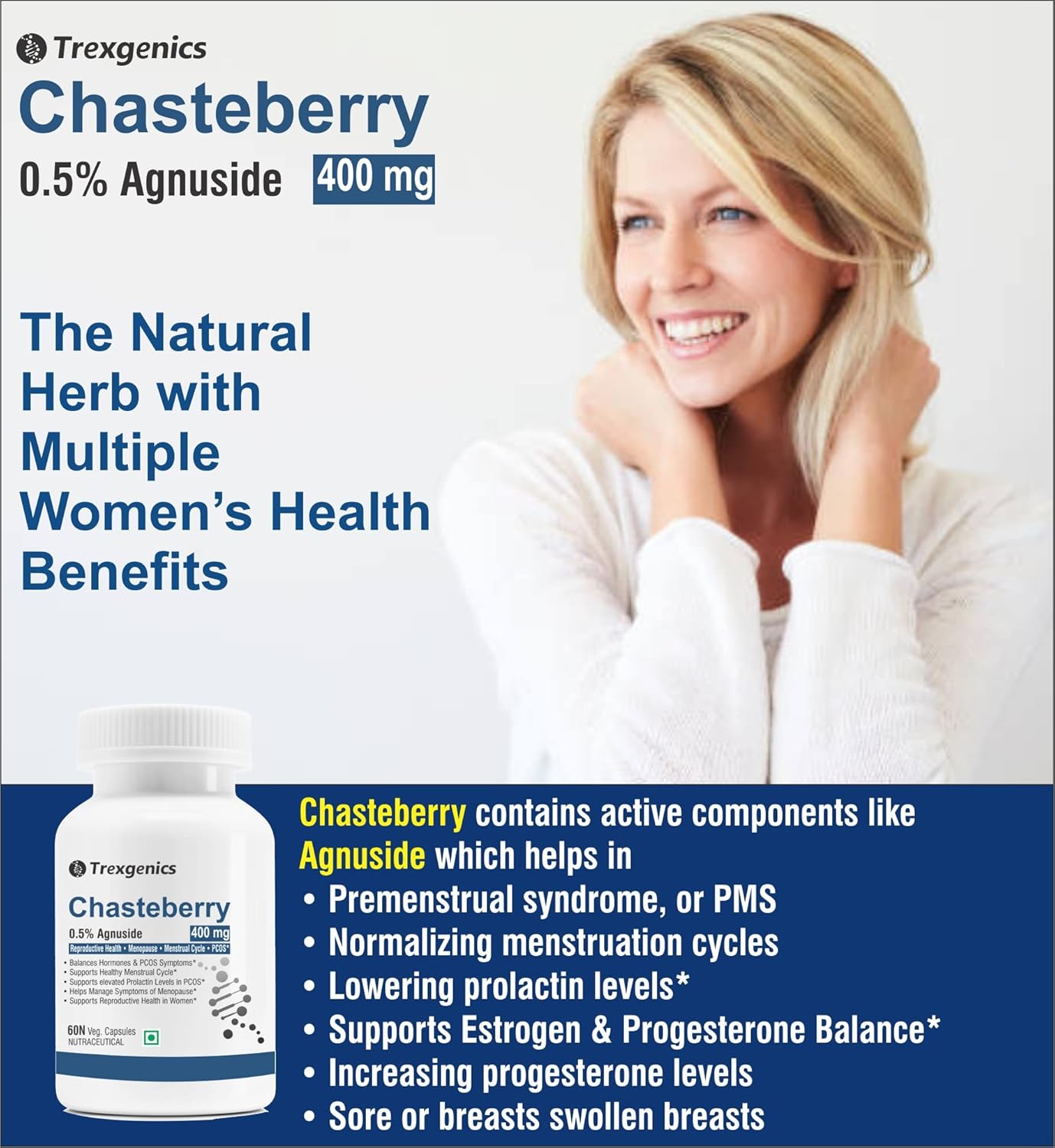 Trexgenics CHASTEBERRY 0.5% Agnuside 400 mg Reproductive System Health, Menopause, Menstrual Cycle, Prolactin & PCOS Support VEGAN & NON-GMO (60 Vcaps) (Pack of 1)