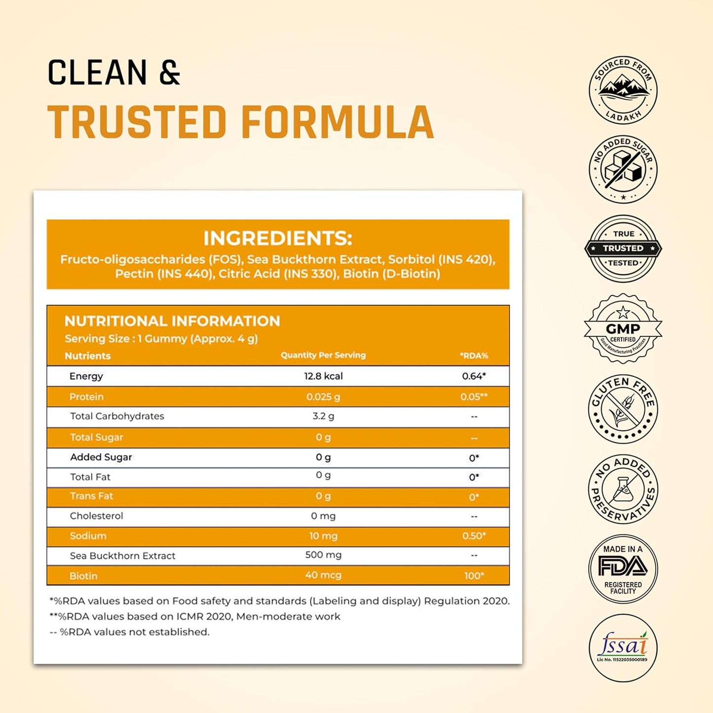 Naturaltein Sea Buckthorn Gummies with Biotin | 30 Gummies | Rich in Vitamin C, A, E & B-Complex | Naturally Occurring Antioxidants, Minerals & Amino Acids | Omega 3, 6, 7 & 9 | 500mg Extract + 40mcg Biotin | Supports Hair, Skin & Nails | No Added Sugar