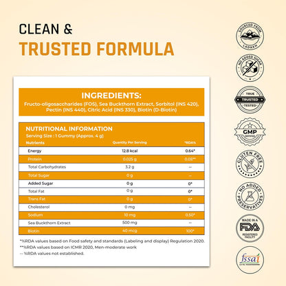 Naturaltein Sea Buckthorn Gummies with Biotin | 30 Gummies | Rich in Vitamin C, A, E & B-Complex | Naturally Occurring Antioxidants, Minerals & Amino Acids | Omega 3, 6, 7 & 9 | 500mg Extract + 40mcg Biotin | Supports Hair, Skin & Nails | No Added Sugar