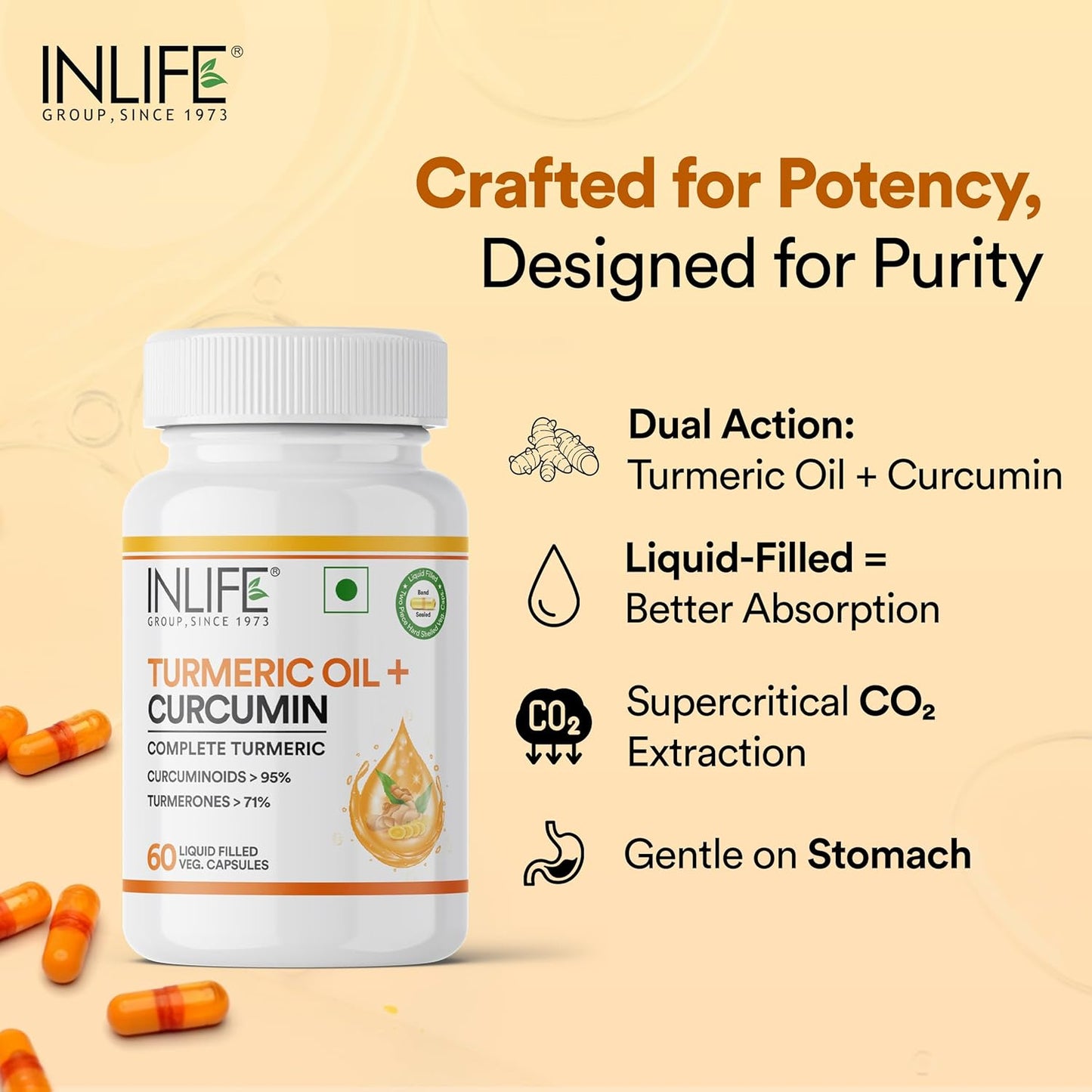 INLIFE Curcumin Capsules with Turmeric Oil | 71% Turmerones & 95% Curcuminoids | Supercritical COâ‚‚ Extracted Oil Supplement | Immune Support & Joint Health â€“ 60 Liquid Filled Vegetarian Capsules