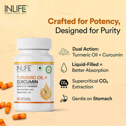 INLIFE Curcumin Capsules with Turmeric Oil | 71% Turmerones & 95% Curcuminoids | Supercritical COâ‚‚ Extracted Oil Supplement | Immune Support & Joint Health â€“ 60 Liquid Filled Vegetarian Capsules