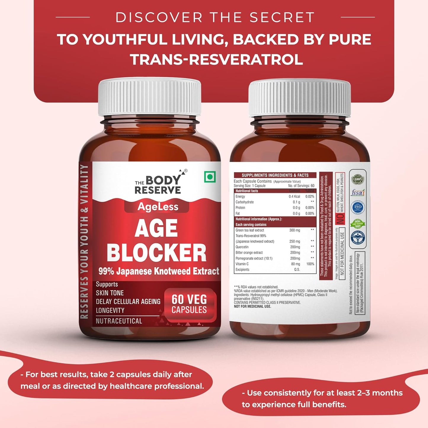 The Body Reserve Age Blocker â€“ Trans-Resveratrol 99% Japanese Knotweed Extract | Quercetin, Green Tea, Bitter Orange & Pomegranate | Powerful Antioxidant & Anti-Aging Supplement 60 Veg Capsules