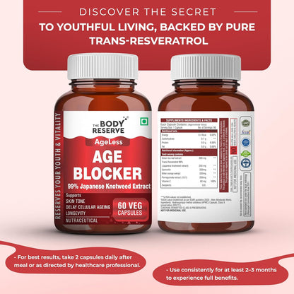 The Body Reserve Age Blocker â€“ Trans-Resveratrol 99% Japanese Knotweed Extract | Quercetin, Green Tea, Bitter Orange & Pomegranate | Powerful Antioxidant & Anti-Aging Supplement 60 Veg Capsules