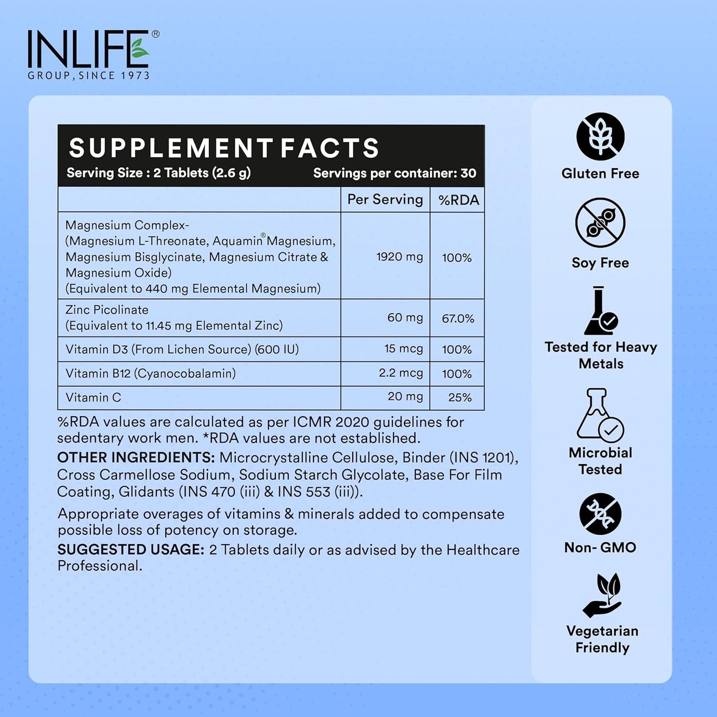 INLIFE Magnesium Supplement 2000mg | 5x Chelated Magnesium Complex Glycinate, L Threonate, Citrate, Oxide with Aquamin, Zinc, Vitamin C, D3 & B12 | For Sleep, Focus, Muscles, Immunity - 60 Tablets