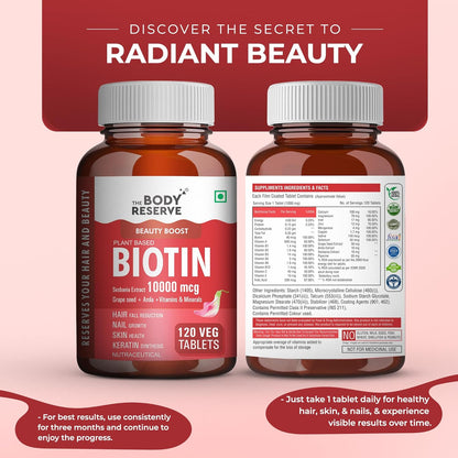 The Body Reserve Plant Based Biotin Tablets | Biotin from Sesbania with Amla & Grapeseed | Hair Vitamins for Men & Women Supporting Hair Growth & Hair Regrowth | Strong Hair, Skin & Nails | 120 Veg Tablets