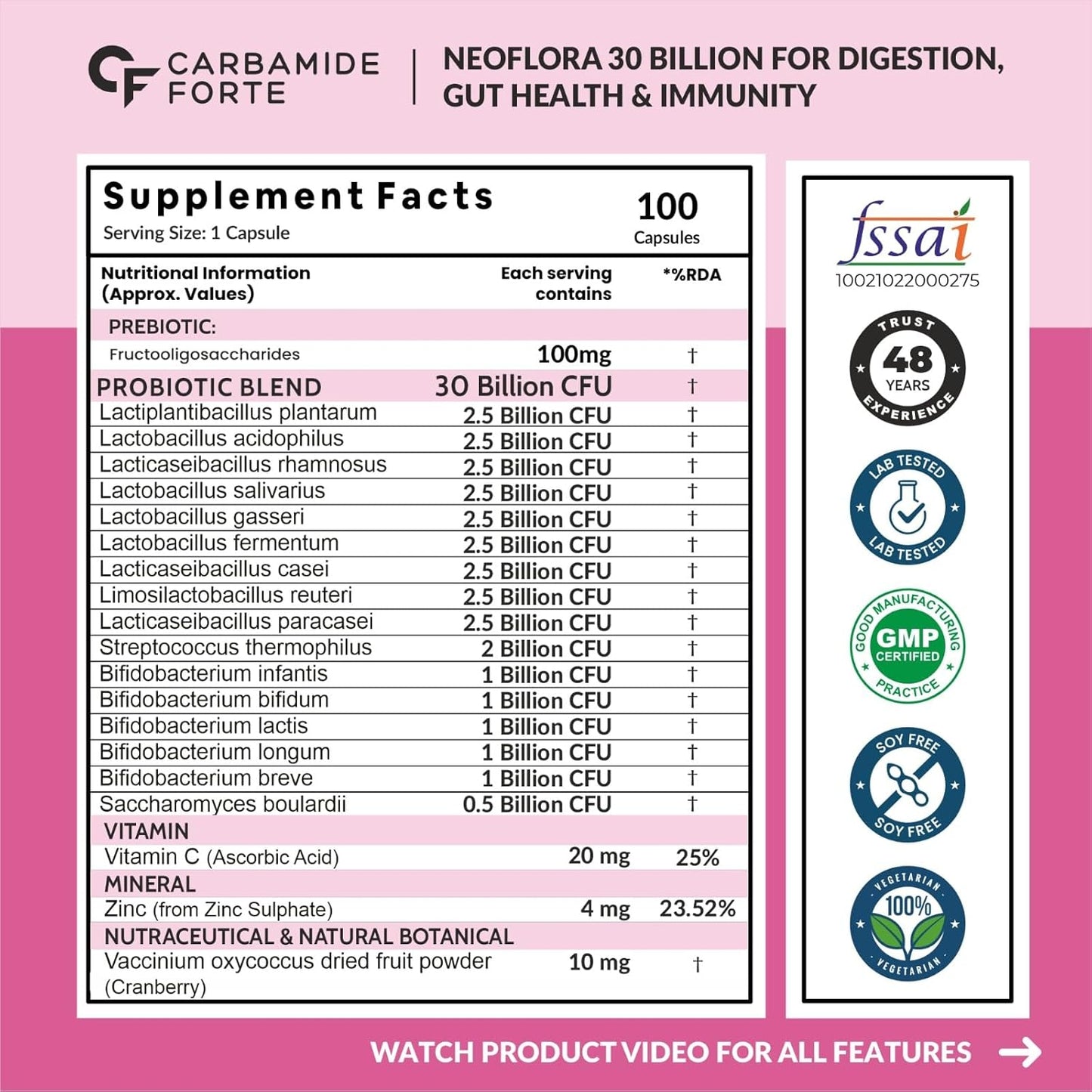 Carbamide Forte 30 Billion Probiotics Supplement | Gut Cleanse Detox | Gut Health Supplement with Prebiotics and Probiotics | Lactobacillus Reuteri 100 Veg Capsules for Men & Women