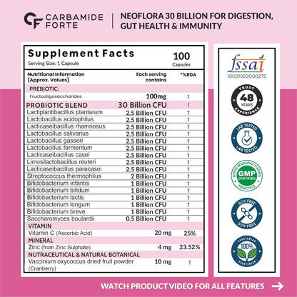Carbamide Forte Probiotics Supplement 30 Billion for Women & Men - 100 Veg Capsules (Pack of 2)