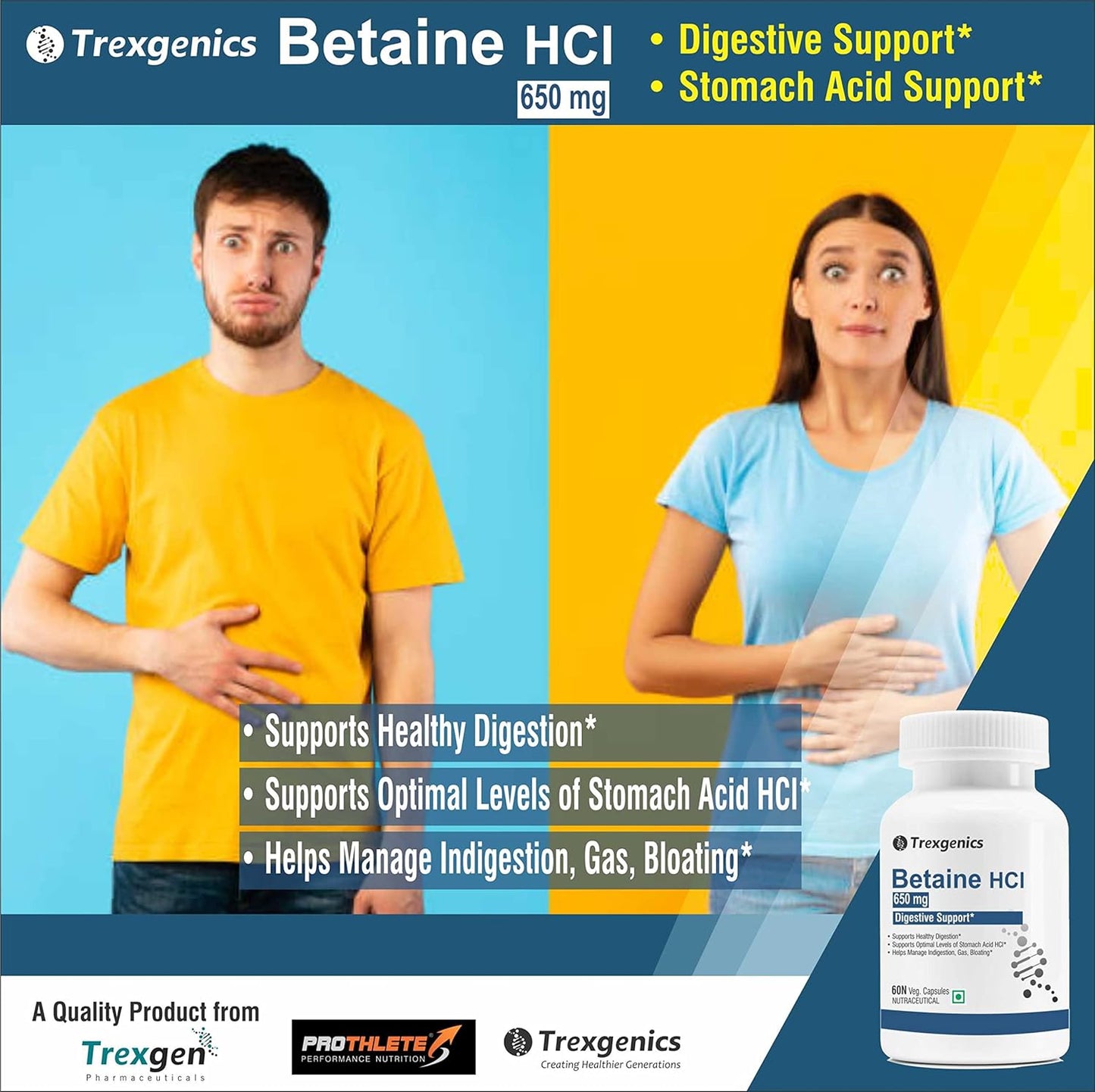 Trexgenics Betaine HCL 650 mg Stomach Acid Balance & Digestive Health Support (60 Veg. Capsules) (Pack of 1)