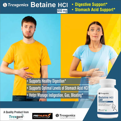 Trexgenics Betaine HCL 650 mg Stomach Acid Balance & Digestive Health Support (60 Veg. Capsules) (Pack of 1)