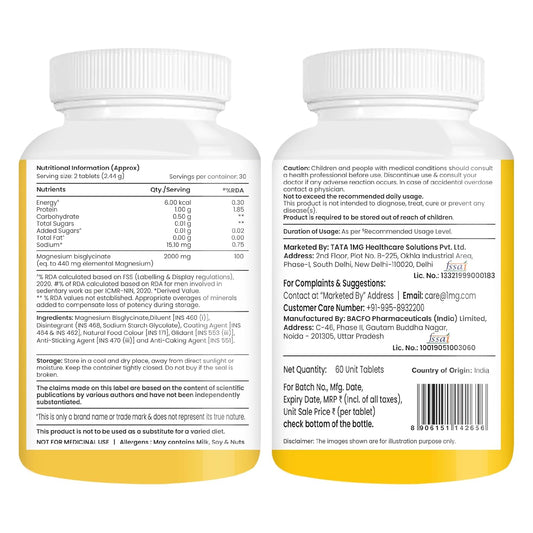 Tata 1mg Magnesium Glycinate Tablets |2000mg | High Absorption Chelated form for Muscle Recovery, Sleep & Nerve Health | 2000mg Per Serving â€“ 60 Veg Tablets