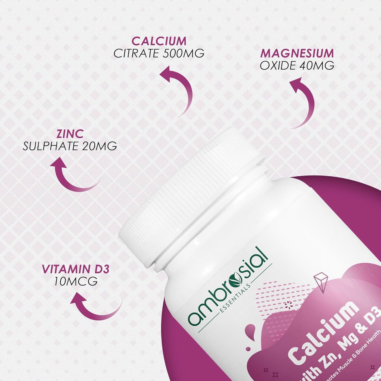 Ambrosial Calcium Magnesium Zinc & Vitamin D3| High Potency Calcium Tablets for Women & Men for Healthy Bones, Muscles & Teeth| Premium Calcium Supplements (Pack of 1-120 Softgels)