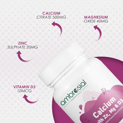 Ambrosial Calcium Magnesium Zinc & Vitamin D3| High Potency Calcium Tablets for Women & Men for Healthy Bones, Muscles & Teeth| Premium Calcium Supplements (Pack of 1-120 Softgels)